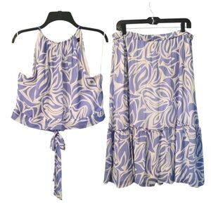 1. State 2pc Halter Tie Back Top & Ruffle Tiered Skirt Blue White Floral Wmns L